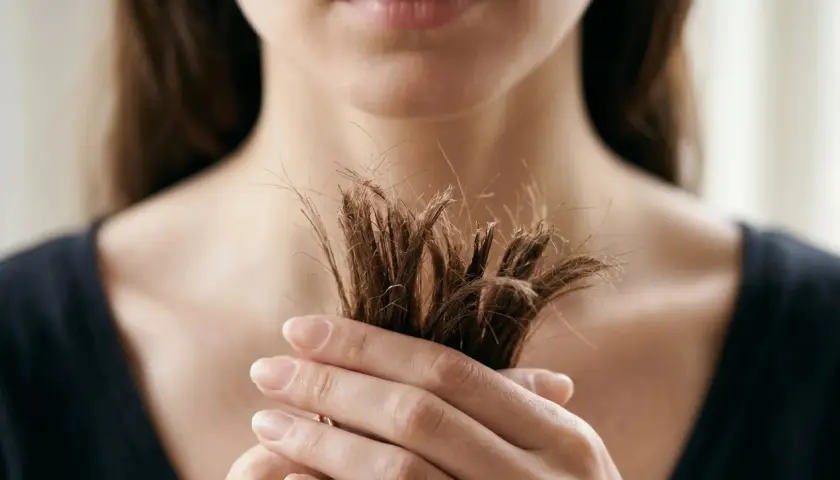 Mano sosteniendo mechón de pelo seco y rebelde. Descubre cómo quitar el frizz del pelo para un acabado suave y sedoso.