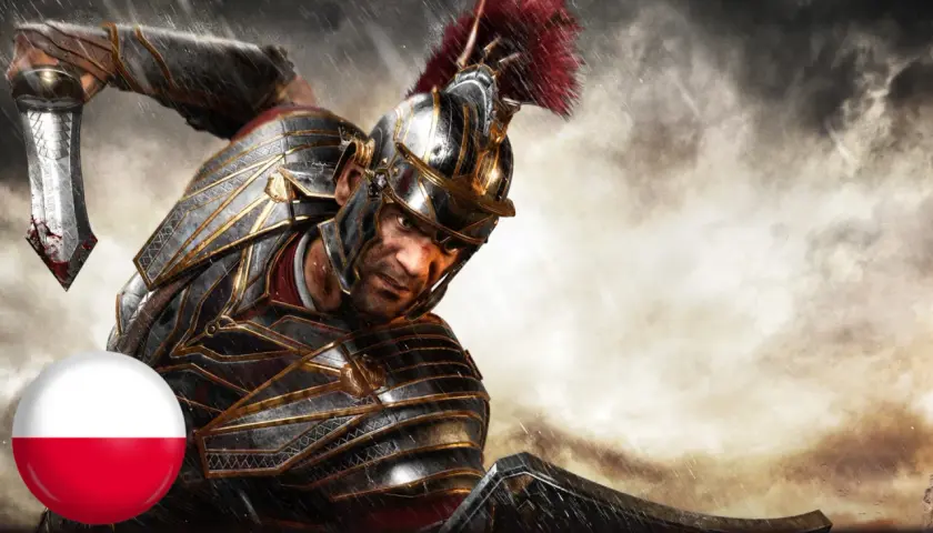 Rzymski legionista z zakrwawionym mieczem, gotowy do walki. Flaga Polski sugeruje polskie spolszczenie gry Ryse: Son of Rome.