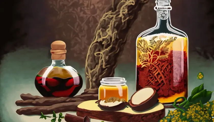 Butelki z eliksirami, miód i zioła, jakby przygotowywane do rytuału mama juana.