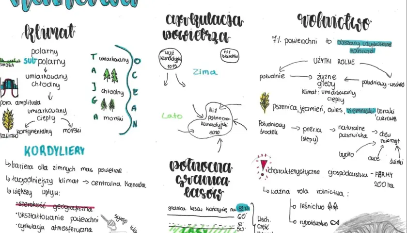 Ręcznie rysowana mapa myśli o Kanadzie, przedstawiająca klimat, rolnictwo i środowisko.