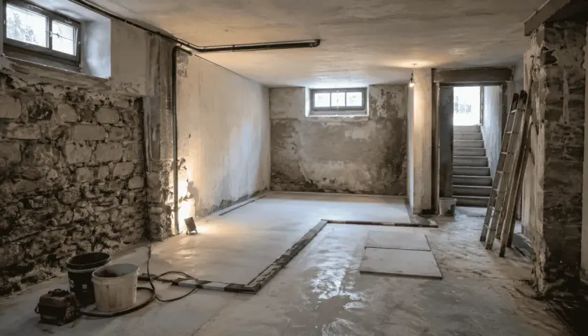 Cantina interrata in fase di isolamento. Muri in pietra grezza, cemento grezzo, finestre piccole, scale e attrezzature per lavori.