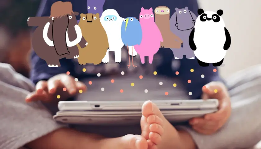 Un bambino gioca con app giochi per bambini 5 anni gratis su un tablet, circondato da simpatici animali disegnati.