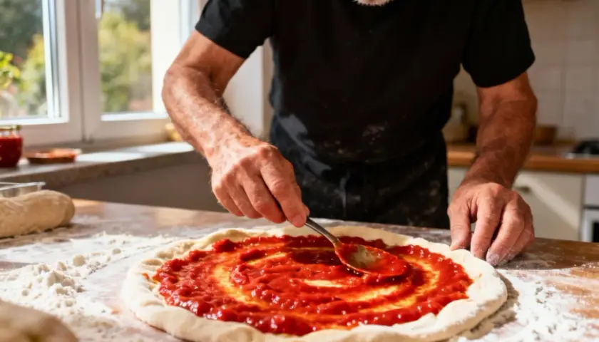 Un homme prépare une pizza, étalant un coulis de tomates sur la pâte avec une cuillère. La farine est saupoudrée sur la table.