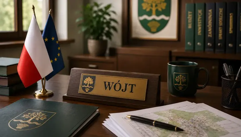 Biurko wójta z flagami Polski i UE, tabliczką "Wójt" i mapą. Zastanawiasz się, ile zarabia wójt?