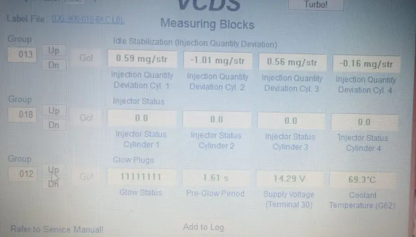 Diagnostyka silnika 1.9 TDI BKC: odczyt VCDS pokazuje odchylenia wtrysku, potencjalne wady.