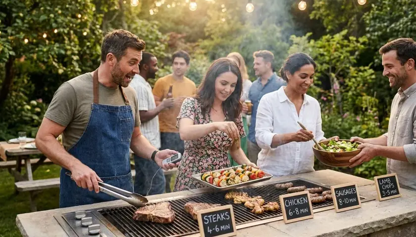 Un groupe d'amis profite d'un barbecue en plein air. Des steaks, du poulet et des brochettes cuisent sur le grill, tandis que d'autres préparent une salade. L'ambiance est festive, avec des guirlandes lumineuses et de la verdure.