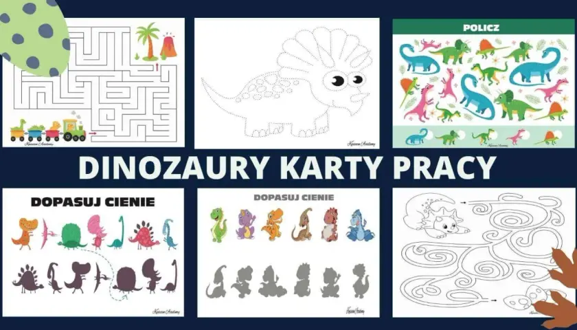 Zestaw kart pracy z dinozaurami: labirynty, dopasowywanie cieni, liczenie i rysowanie po kropkach.