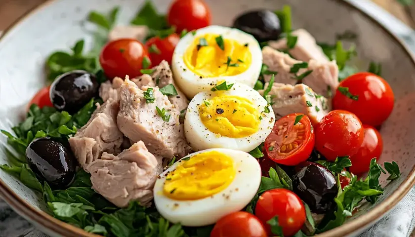 En härlig sallad nicoise med tonfisk, ägg, tomater och svarta oliver på en bädd av gröna blad.