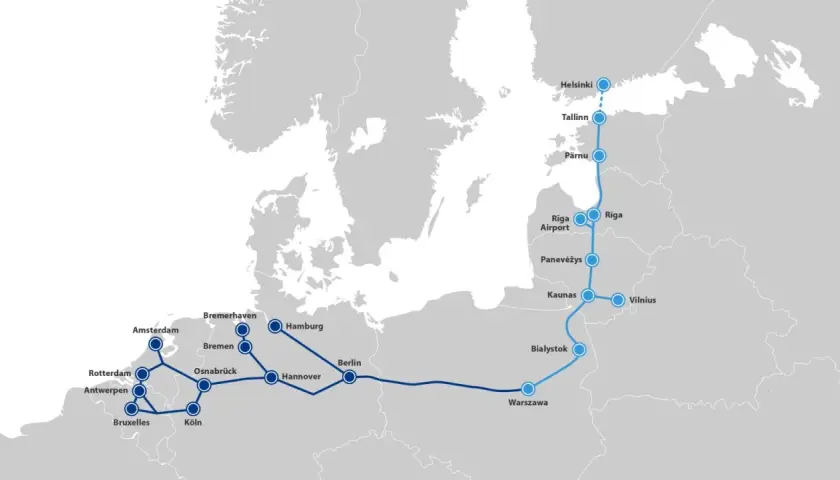 Karte zeigt Zugverbindungen von Westeuropa über Polen und Litauen nach Finnland.