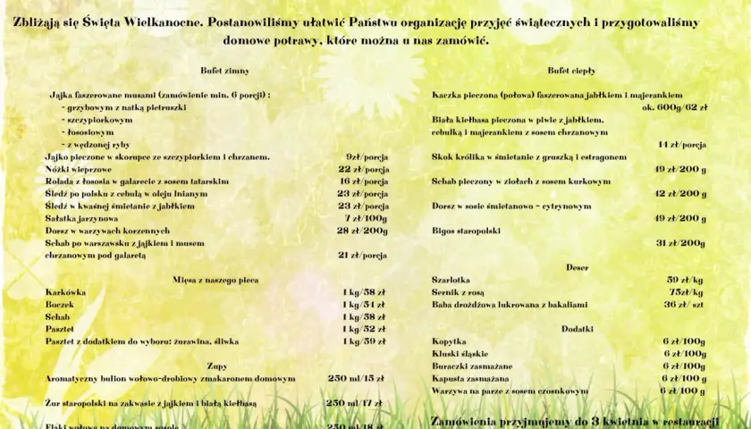 Menu świąteczne z potrawami z Gospody Kamieńczyk, z podziałem na bufet zimny i ciepły.
