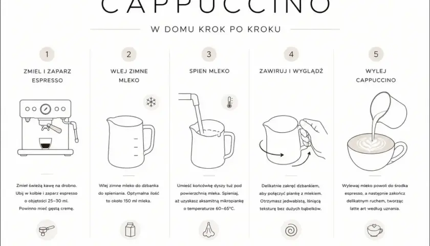 Instrukcja jak zrobić cappuccino: zmiel kawę, zaparz espresso, spień mleko, połącz składniki. Kluczowe są cappuccino proporcje i aksamitna pianka.