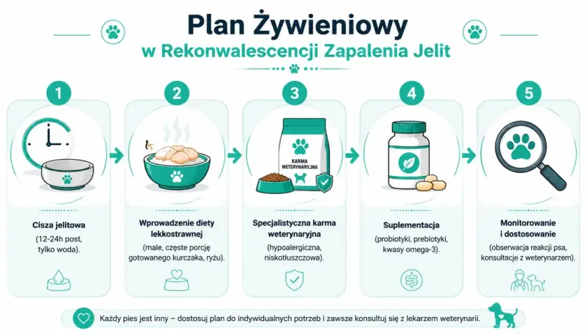 Plan żywieniowy dla psa po zapaleniu jelita grubego: post, dieta lekkostrawna, karma weterynaryjna, suplementacja i monitorowanie.