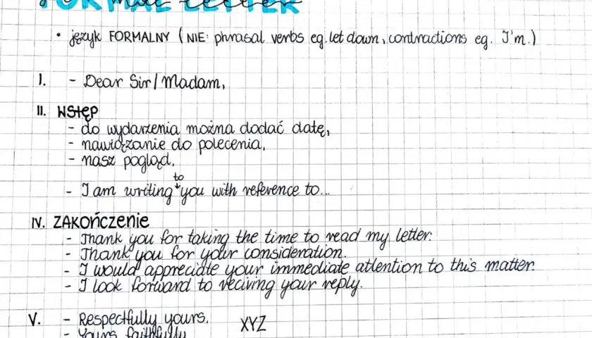 Zapiski o języku formalnym i strukturze listu: nagłówek "FORMAL LETTER", zwroty grzecznościowe, wstęp, zakończenie. Trzecia forma write jest kluczowa.