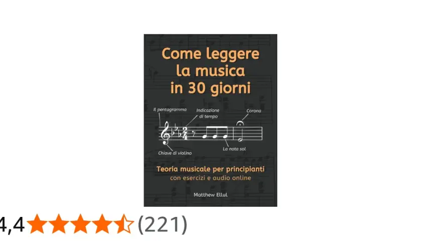 Copertina di libro "Come leggere la musica in 30 giorni" con pentagramma, chiave di violino e altri simboli musicali.