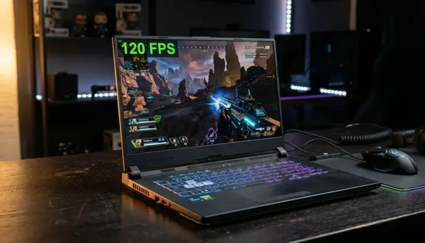 Laptop z grą Apex Legends, pokazujący 120 FPS. Dowiedz się, jak zainstalować Fortnite na laptopa, by cieszyć się płynną rozgrywką.