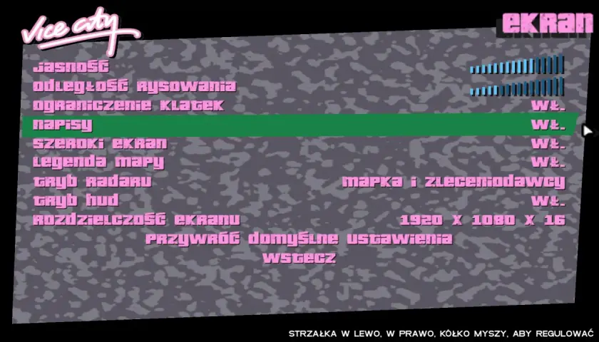 Menu ustawień graficznych GTA Vice City. Opcja "napisy" jest podświetlona, co sugeruje, że można tu włączyć spolszczenie.