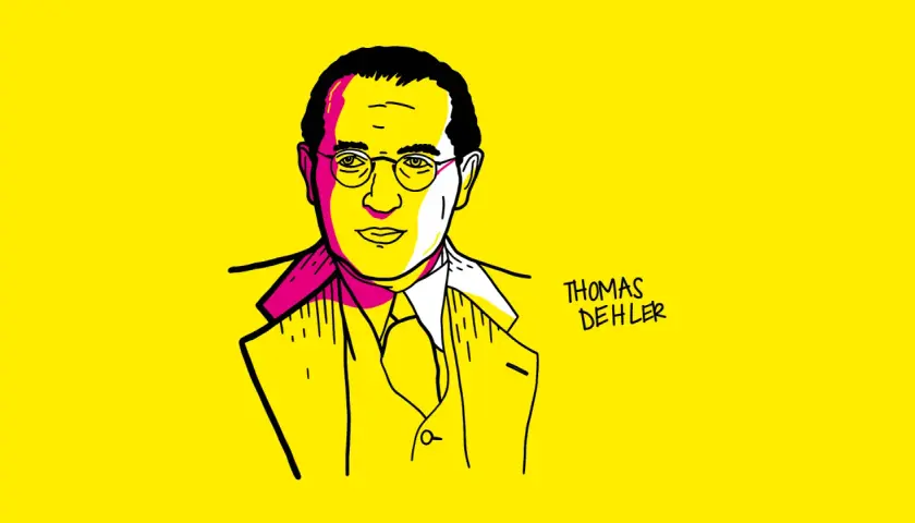 Porträt von Thomas Dehler im Comic-Stil auf gelbem Hintergrund. Der Name "Thomas Dehler" ist rechts daneben geschrieben.