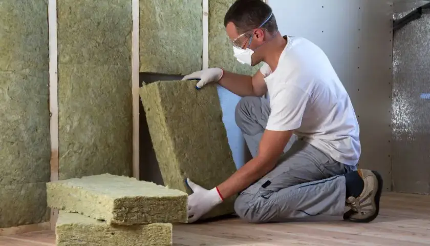 Operaio con maschera e occhiali installa pannelli isolanti per un cappotto interno.