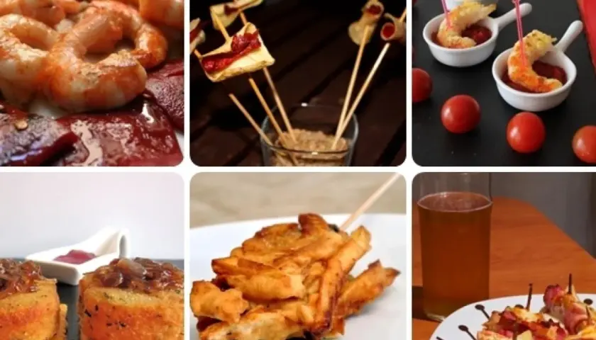 Variedad de pinchos y tapas originales: gambas, patatas fritas, montaditos y más. ¡Perfecto para compartir!