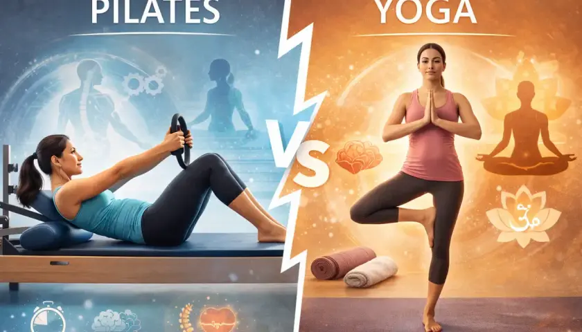 Comparación visual de la diferencia entre yoga y pilates: una mujer en equipo de pilates y otra en postura de árbol de yoga.
