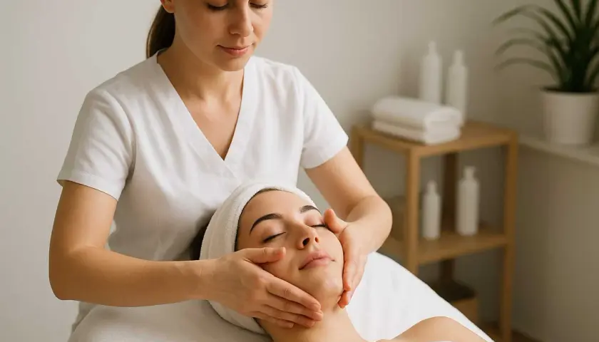 Relaksacyjny masaż twarzy, który może być częścią rytuału kobido. Terapeuta delikatnie masuje skórę, poprawiając jej wygląd i samopoczucie.