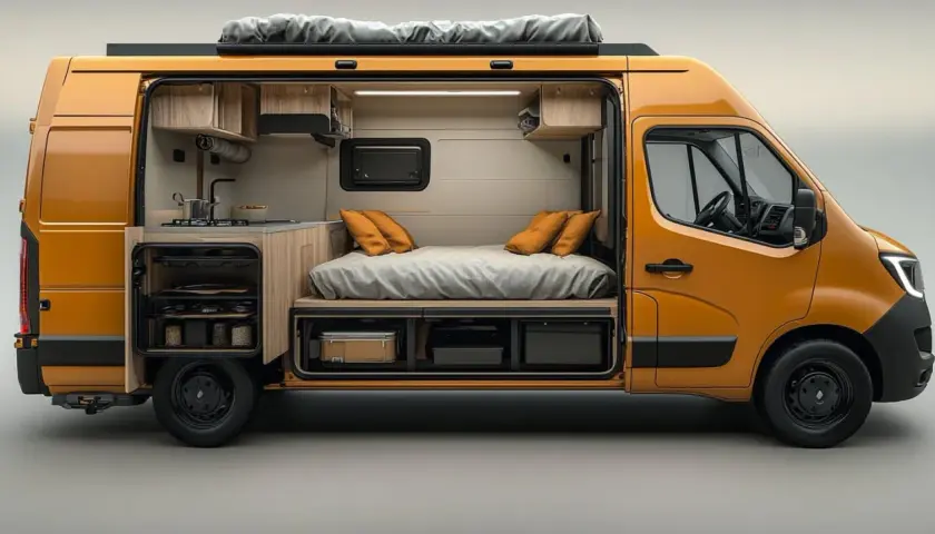 Aménagement intérieur d'un Renault Master L2H2 : lit confortable, cuisine fonctionnelle et rangements optimisés pour vos aventures.
