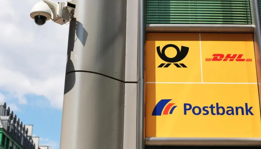 Überwachungskamera über dem Logo von Postbank und DHL. Vielleicht gibt es Postbank Probleme.