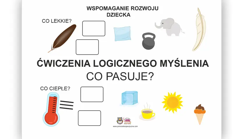 Karty pracy dla 2 latka: ćwiczenia logicznego myślenia. Obrazki piórka, słonia, termometru, słońca i innych do dopasowania.