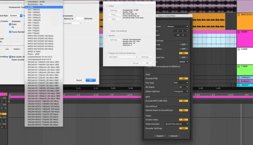 Exportation vidéo dans Ableton Live, avec options de compression H.264. Idéal pour ceux qui cherchent à exporter leur projet gratuitement.