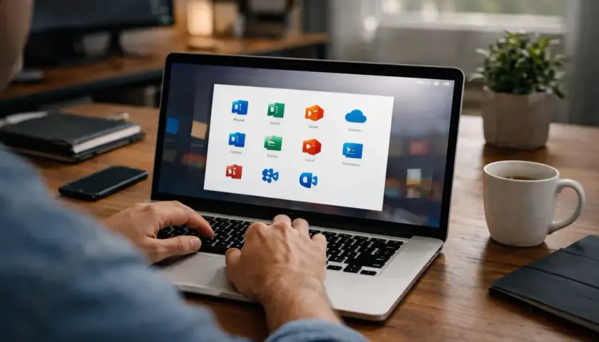 Un homme utilise un ordinateur portable affichant la grille d'applications Office 365, incluant Word, Excel et OneDrive.