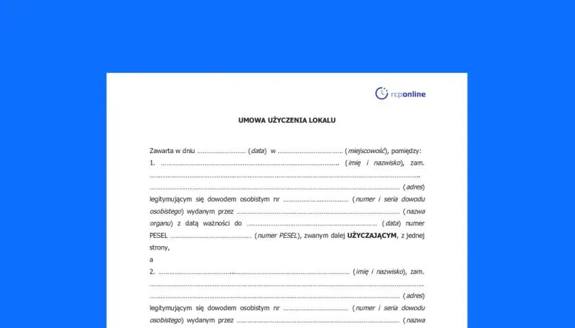 Umowa użyczenia lokalu, dokument do wypełnienia, zawiera pola na dane stron, datę i miejsce zawarcia umowy.