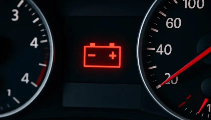 Cruscotto auto con spia batteria scarica accesa in rosso, accanto a indicatori di velocità e giri.