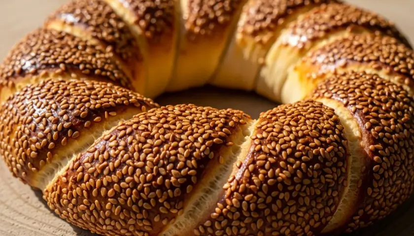 En gyllene, sesamfröbeströdd simit, perfekt för ditt simit recept.