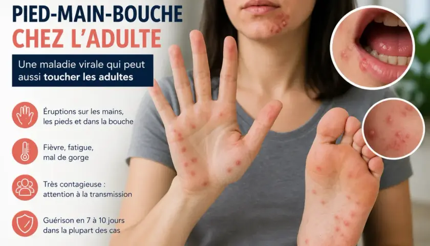Adulte atteint du pied-main-bouche : éruptions sur mains, pieds et bouche, fièvre, fatigue. Maladie virale contagieuse.
