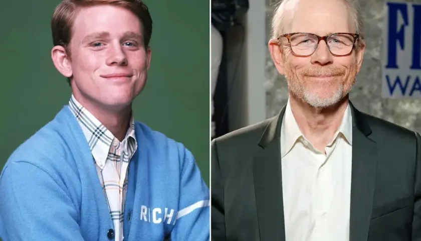 Ron Howard som ung skådespelare i blå kofta och som äldre man med glasögon.