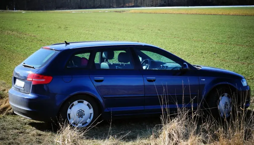 Niebieski Audi A3 8P Sportback zaparkowany na trawiastym polu, z lasem w tle.
