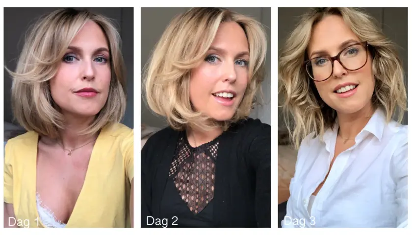 Kvinnan visar upp sin uppklippta page med lugg i tre olika dagar och outfits.