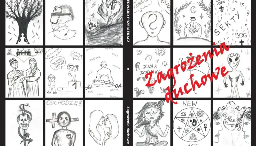 Okładka książki "Zagrożenia duchowe" Edwarda Przebieracza, z rysunkami symbolizującymi sekty, kabałę i inne zagrożenia.