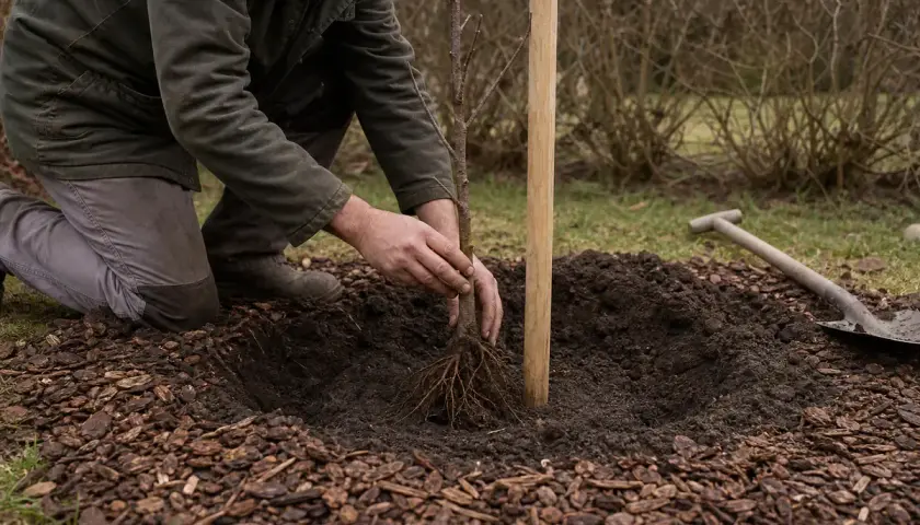 Un jardinier plante un jeune abricotier, ses mains guidant la racine dans la terre fraîche. Un tuteur en bois est déjà en place.