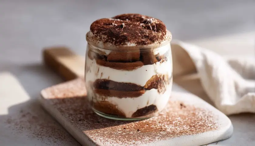 Warstwowe tiramisu z ricotty w słoiku, posypane kakao. Delikatny deser na desce, skąpany w słońcu.
