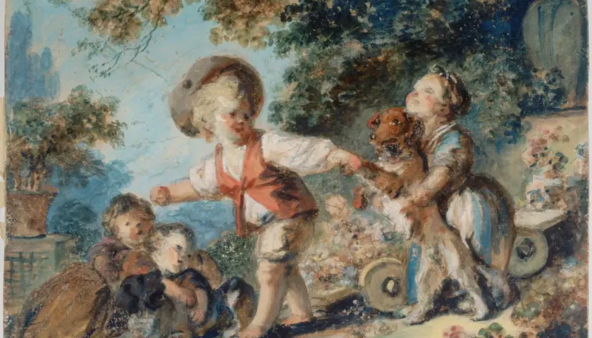 Enfants jouant avec un chien, une scène joyeuse typique des œuvres d'art de Jean-Honoré Fragonard.