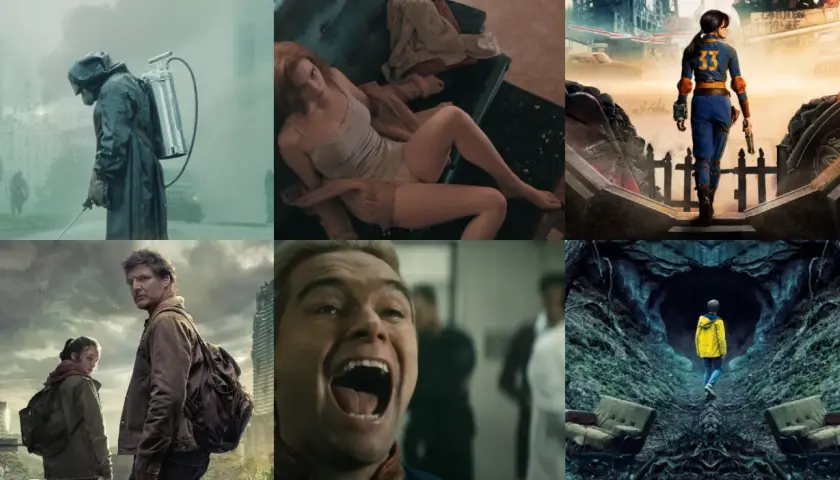 Kolaż z kadrów seriali: Chernobyl, Gambit Królowej, Fallout, The Last of Us, The Boys, Dark. To top seriale wszechczasów.