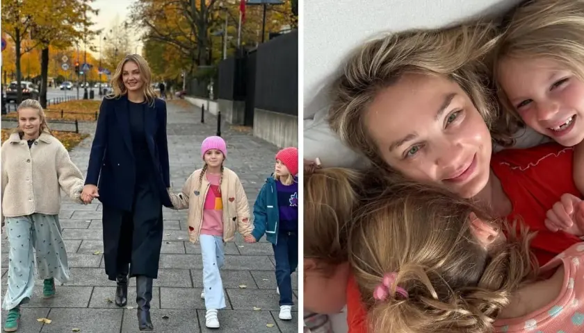 Edyta Herbuś z dziećmi spaceruje jesienią i przytula się do nich w łóżku.
