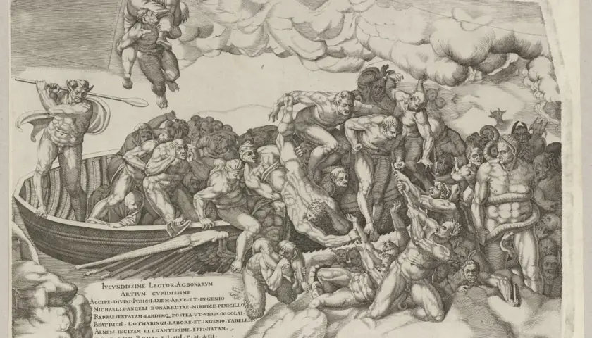 Rycina przedstawia scenę mitologiczną z łodzią i postaciami w chmurach.