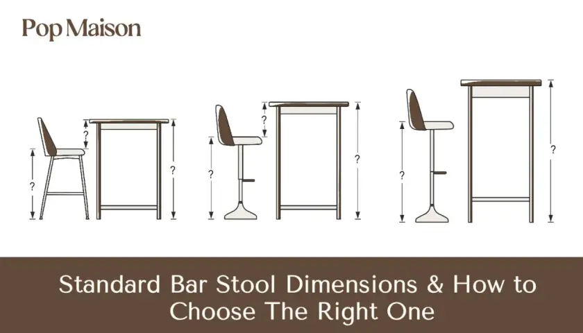 Diagrams showing different kitchen island bar stool heights and table dimensions, with question marks indicating measurements.