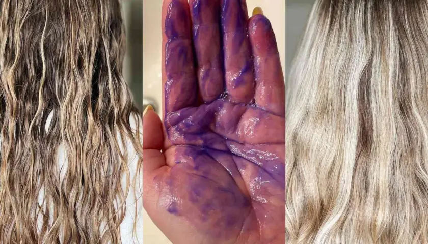 Cabello rubio con tonos amarillos antes y después de usar champú violeta. La mano muestra el producto morado listo para usar.