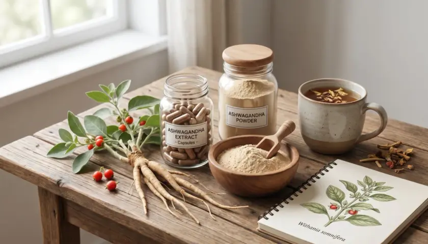 Ashwagandha-Wirkung: frische Pflanze, Kapseln, Pulver und Tee auf Holztisch. Notizbuch zeigt Withania somnifera.