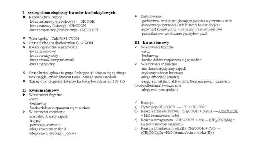 Tekst z nagłówkami i listami punktowanymi dotyczącymi kwasów karboksylowych, ich wzorów, właściwości i zastosowań.