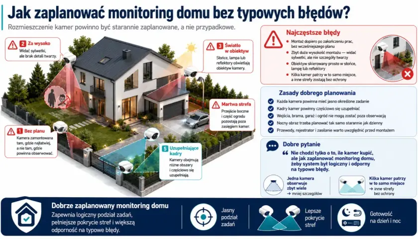 Ilustracja pokazuje, jak zaplanować system monitoringu domu jednorodzinnego, unikając błędów takich jak złe rozmieszczenie kamer czy martwe strefy.