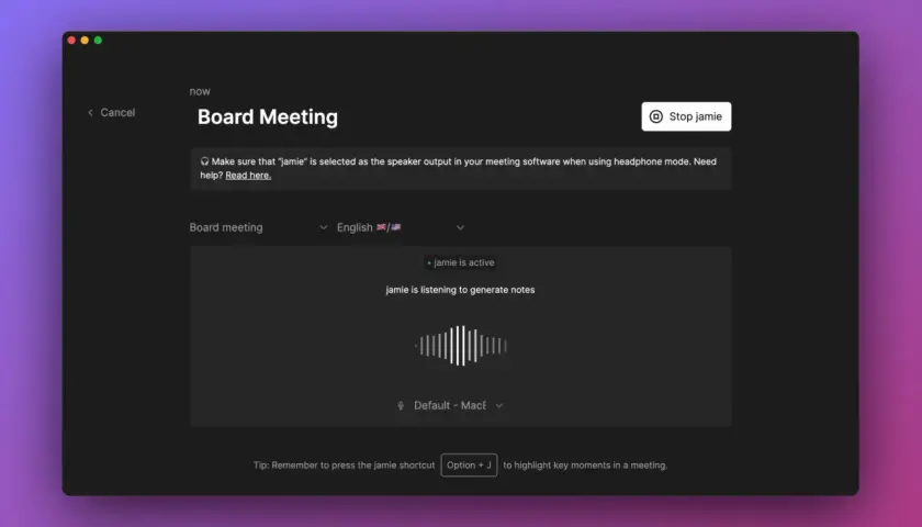 Screen shows how to record minutes of a board meeting with "jamie" active, listening, and ready to generate notes.